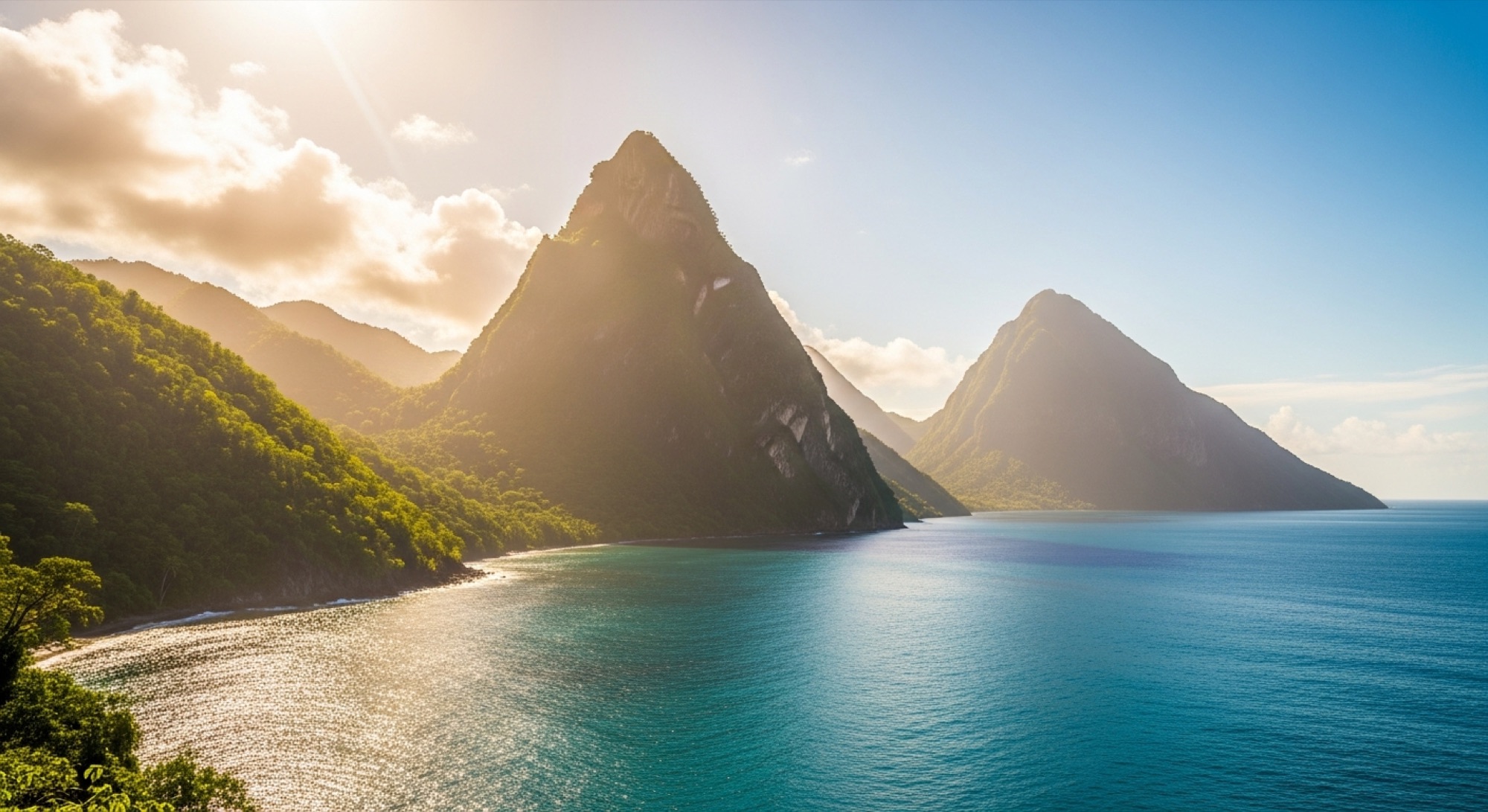 The Pitons rising from the Caribbean sea in Saint Lucia at golden hour